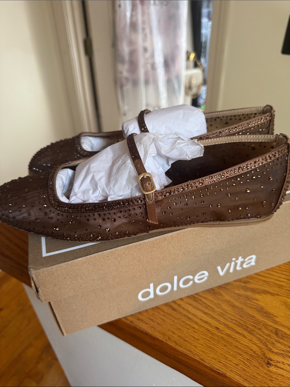 Dolce Vita Mid Brown Mesh Crystal Flats - Picture 6 of 7